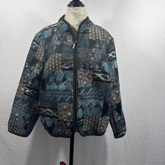 Dress Barn Jackets & Blazers - Vintage Tapestry Blue Black  Mandarin collar Full Zip jacket Abstract 2X